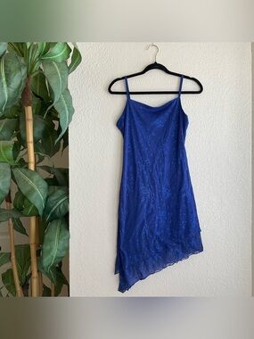 Vintage candy rocket Blue fairy slip dress with floral embroidery and asymmetric